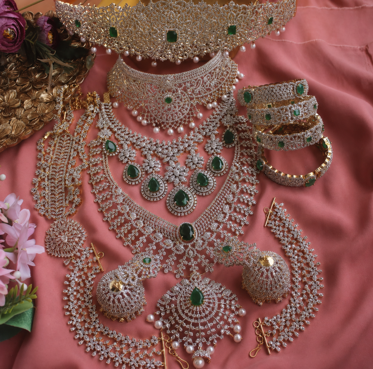 Jewelry Combo Green Stone American Diamond Bridal sets Get Free Gift Above