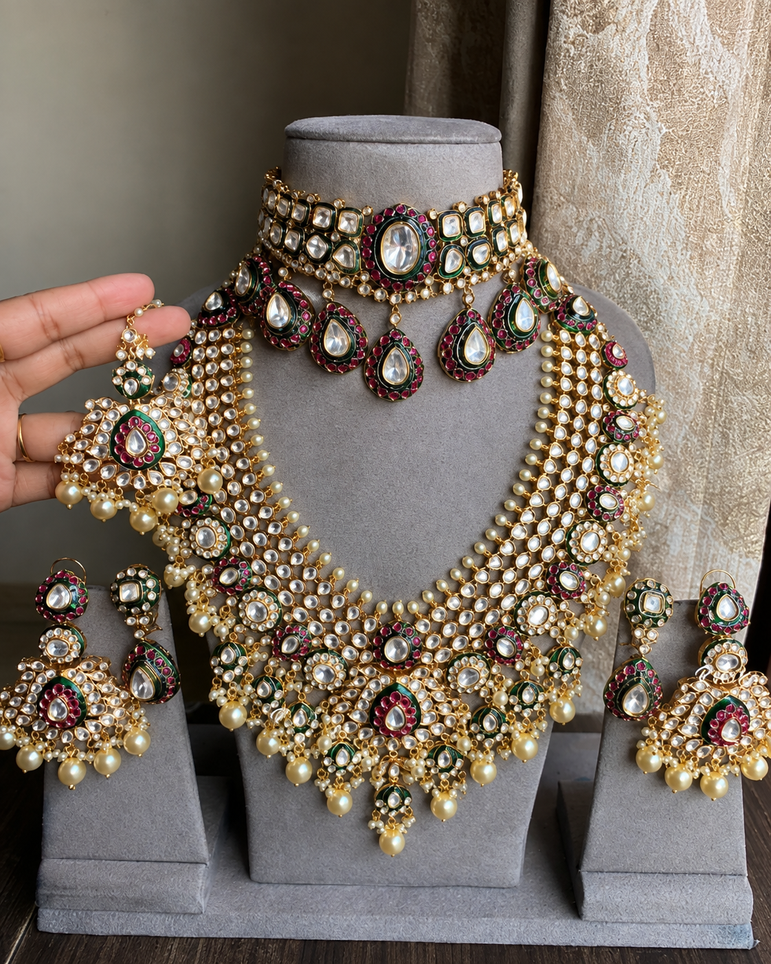 kundan bridal combo set - Dark Green and Ruby red