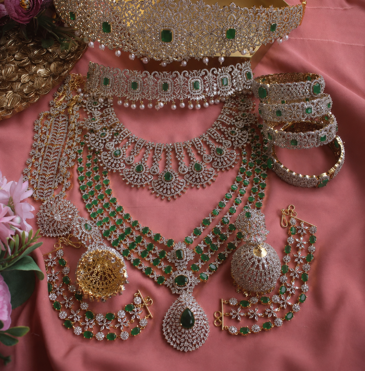 Full Combo American Diamond High Quality Earrings, choker, haram ,Kangan Jumka and necklace set
